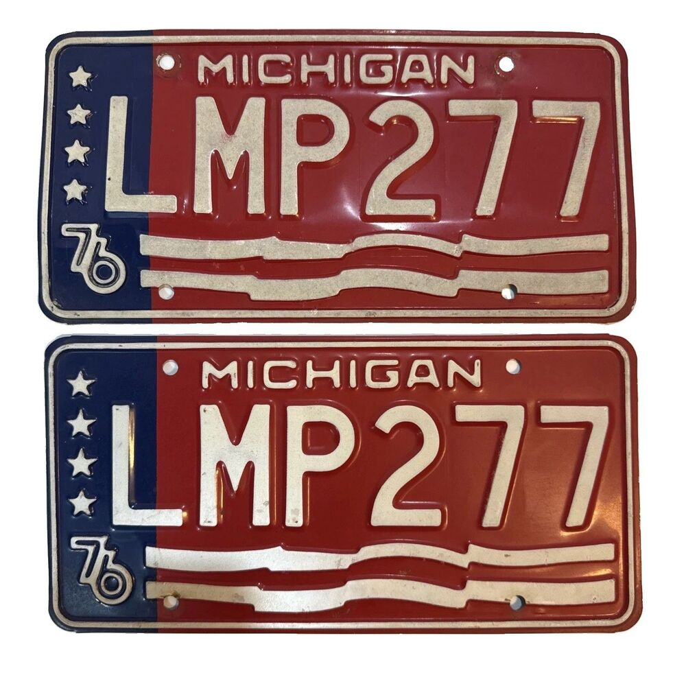 1976 MICHIGAN BICENTENNIAL LICENSE PLATE PLATES PAIR  "LMP 277" MI 76